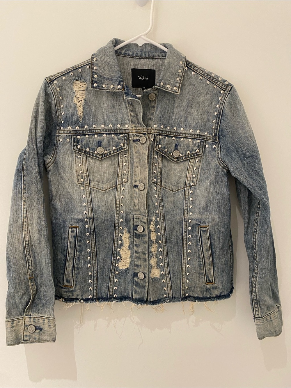 Rails Knox Studded Denim Jean Jacket Distressing Detail Medium Wash Raw Hem XS